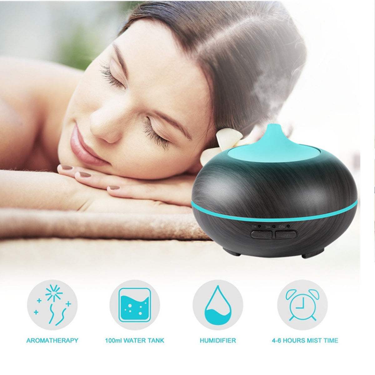 MISTysterious Humidifier Essential Oil in Natural Oak Design with Remote by VistaShops, featuring aroma diffusion, LED glow, and 9-hour mist capability.