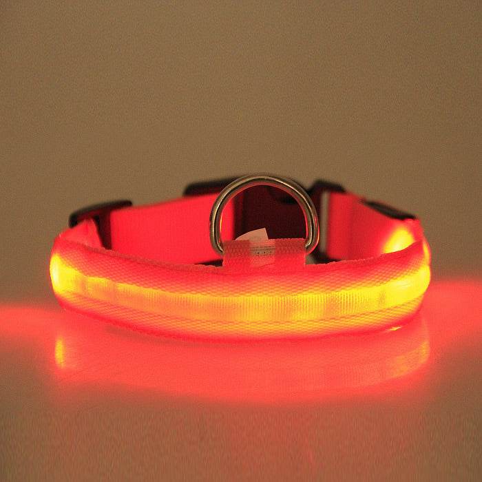 LED Pet Collar glowing in the dark, available in multiple sizes and colors.