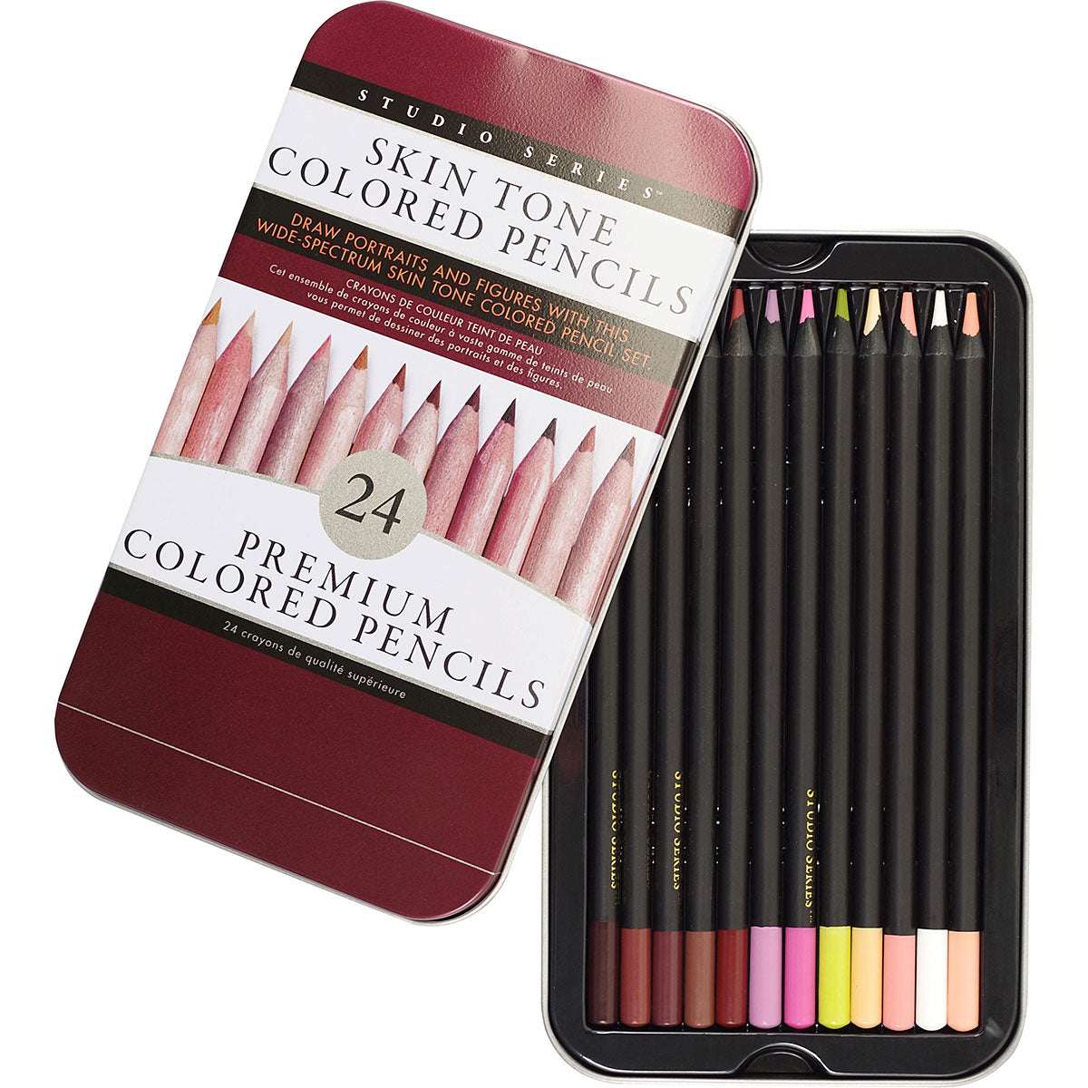 Artist-quality skin tone pencils in reusable tin, featuring a diverse range of pigmented colors for portraits and coloring books.