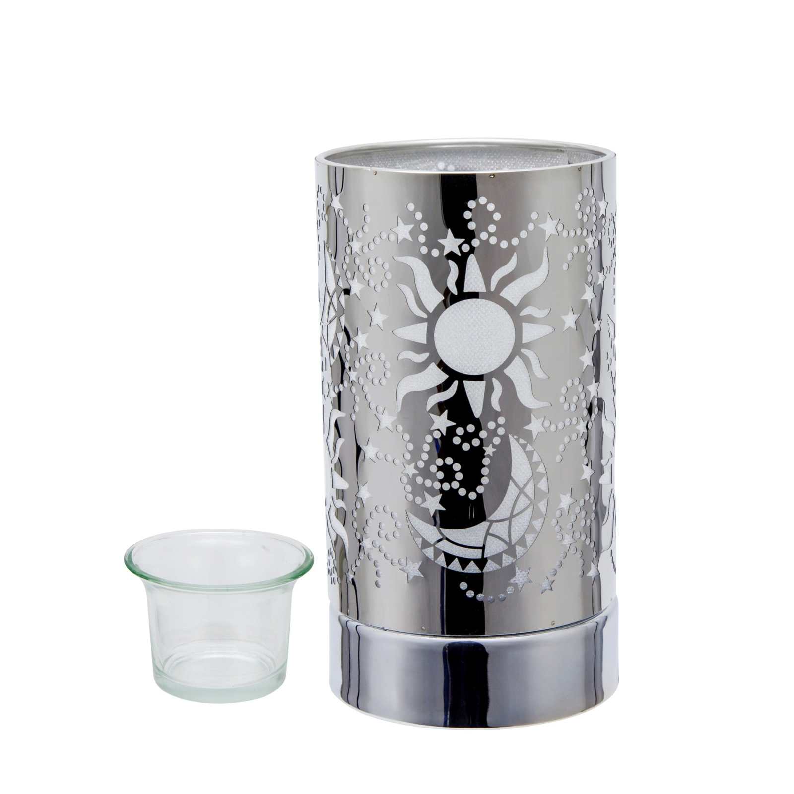 Touch lamp with oil wax warmer, adjustable lighting, stainless steel design, fragrance diffuser, home décor accessory.