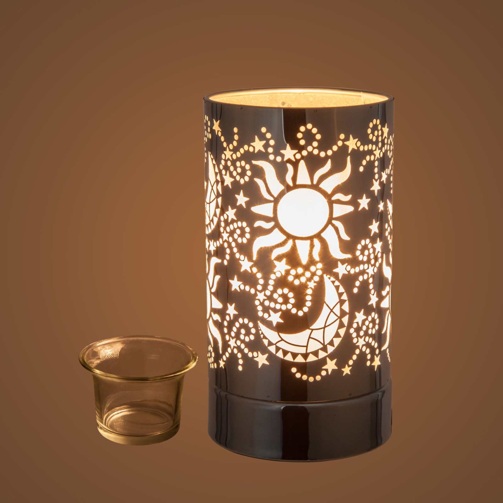 Touch Lamp with Oil Wax Warmer featuring sun and moon design, stainless steel cover, and glass fragrance dish for adjustable lighting and scent diffusion.