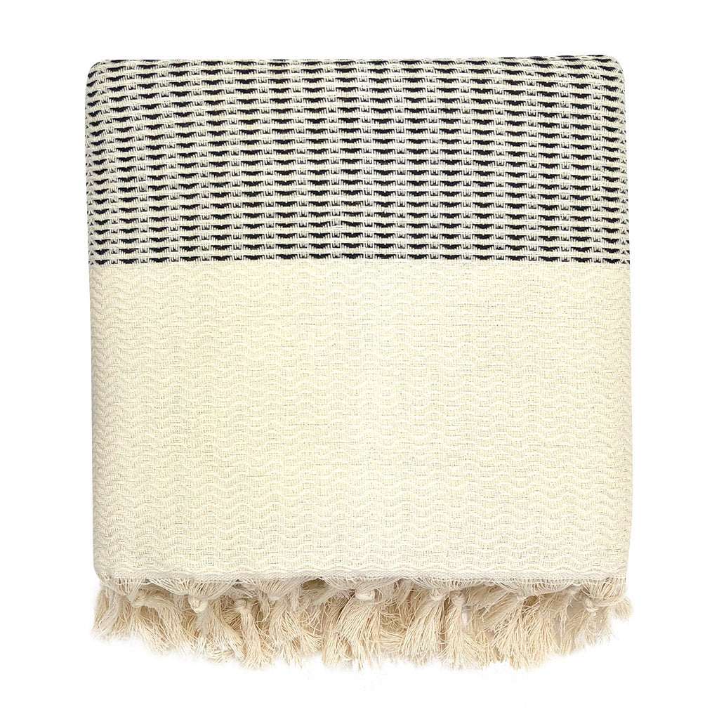 Handwoven Turkish Throw Blanket with hand-knotted fringe, 100% Turkish cotton.