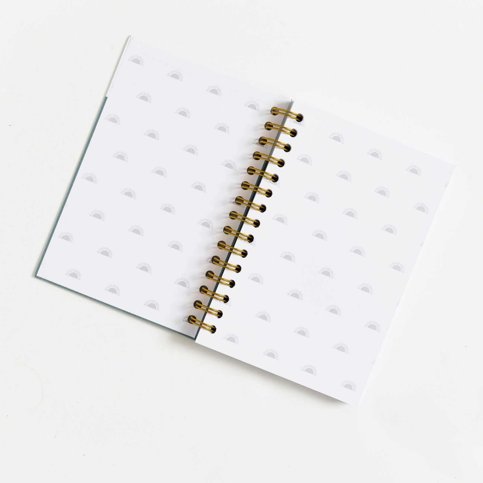 Gratitude Journal with sea foam linen cover and spiral binding, open to patterned pages.
