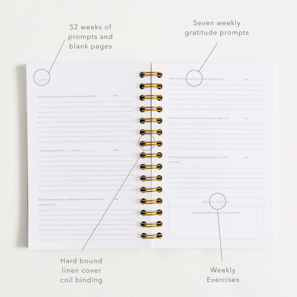 Open Gratitude Journal with prompts and exercises for 52 weeks, featuring a linen cover and coil binding, designed for mindfulness and positivity.