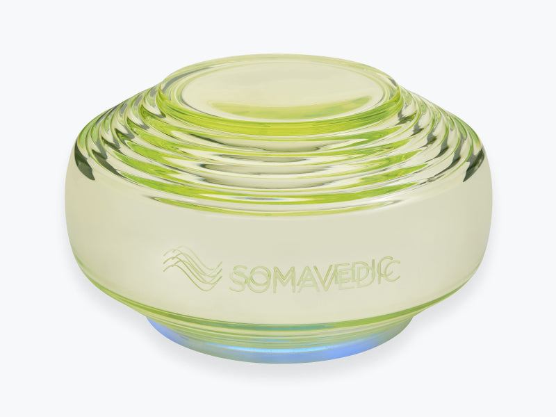 VEDIC Somatic Solution Advanced Space Harmonizer, silver-plated vaseline glass body, enhances well-being in larger spaces, Somavedic USA.