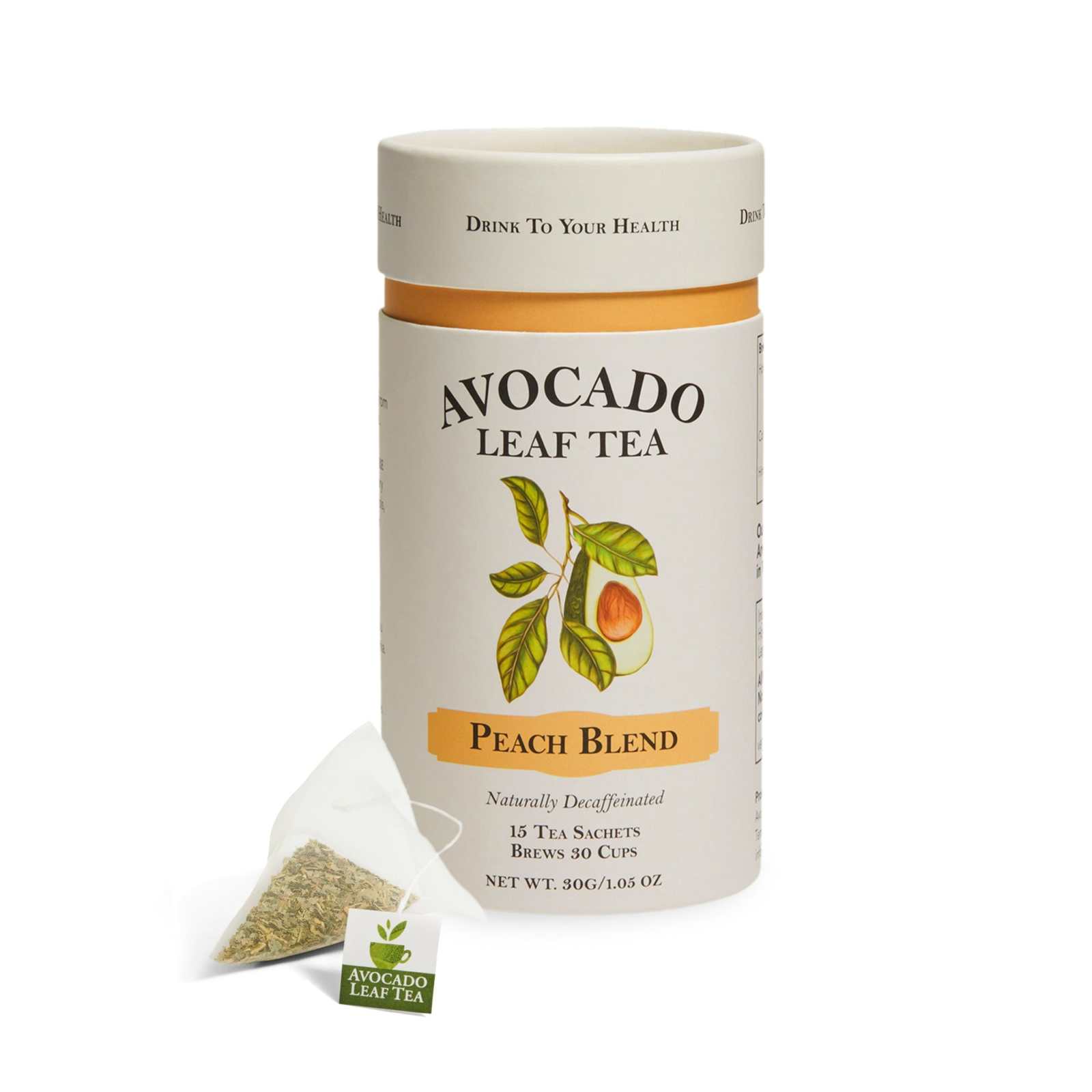 Avocado Leaf Tea Peach Blend in biodegradable sachets, award-winning and caffeine-free.