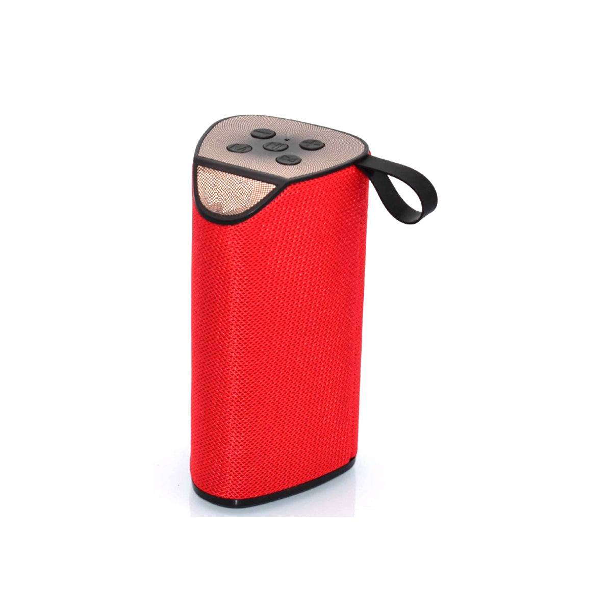 Red VibeMax Portable Bluetooth Speaker with Bass Booster and splashproof fabric cover.