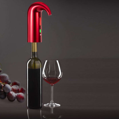 Wine On Tap Wine Oxygenator for smoother taste with a red design next to a wine bottle and glass.