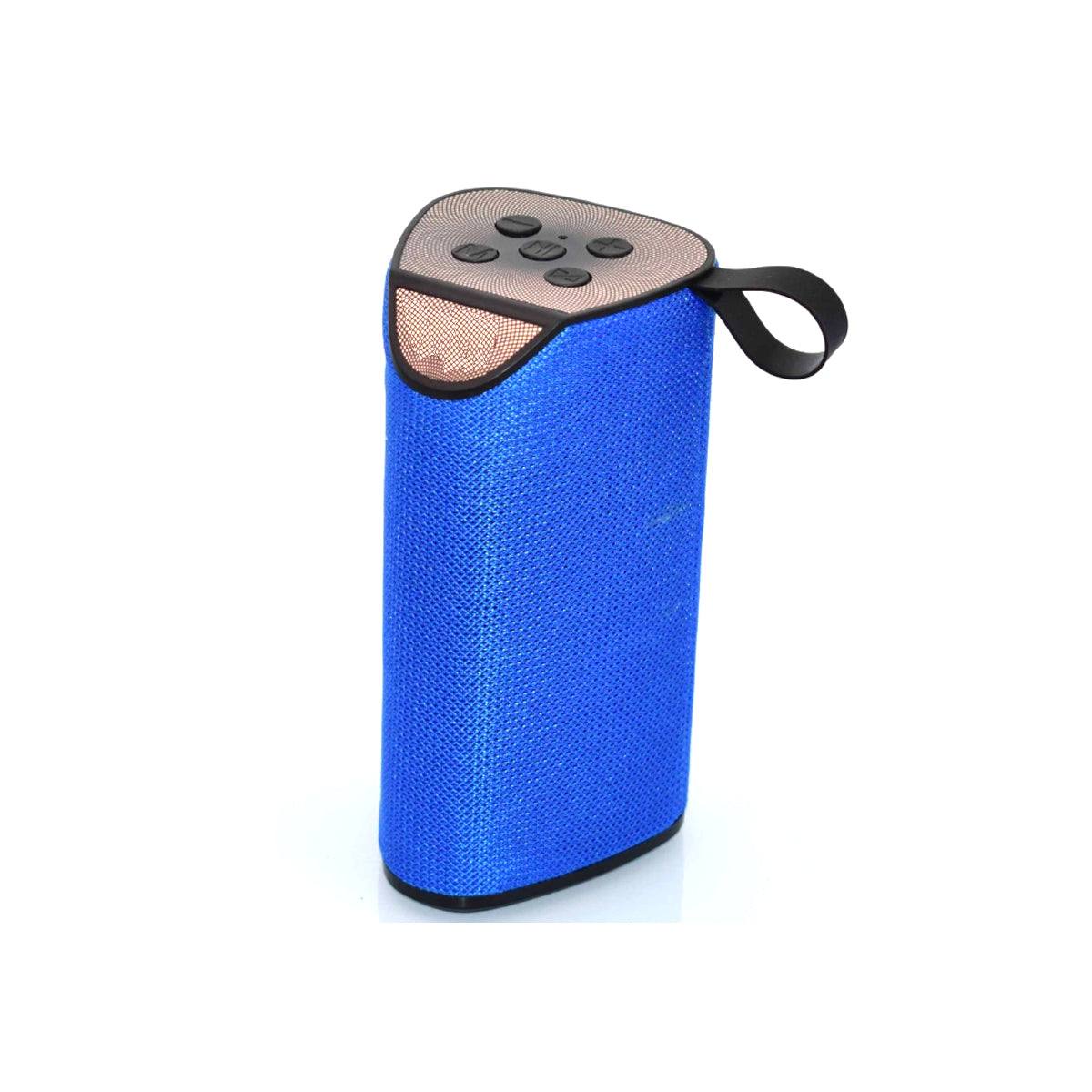 Portable Bluetooth speaker with a blue splashproof fabric cover, featuring a bass booster and built-in microphone.