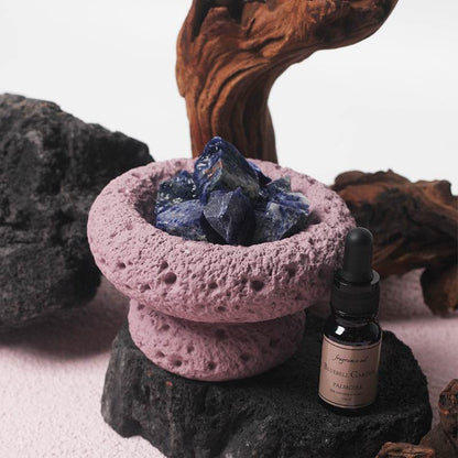 Purple Moon Diffuser by PALMOIRE with Bluebell Garden fragrance oil, featuring purple stone design and essential oil bottle.