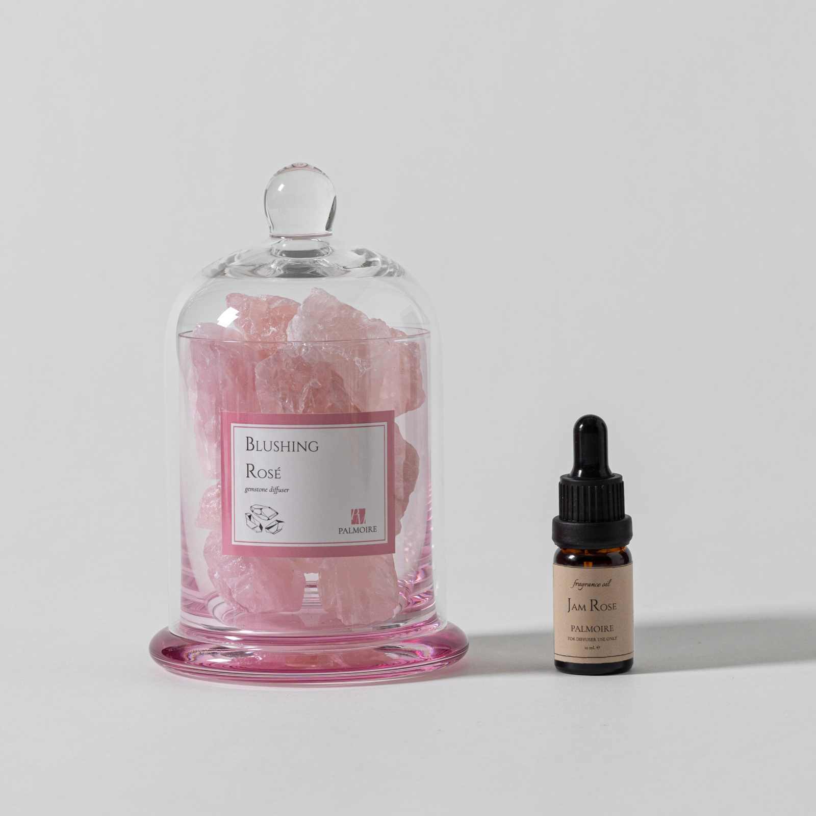 Blushing Rosé Gemstone Diffuser with Jam Rose fragrance oil, elegant home scent with pear, rose, jasmine, white musk notes.