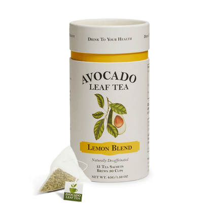 Avocado Leaf Tea Lemon Blend packaging with pyramid tea bag, naturally caffeine-free and eco-friendly.