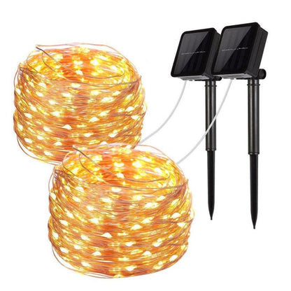 Solar-powered Mini Fiery 100 Lights, 40ft string, automatic on/off, waterproof, indoor/outdoor use, cozy and festive decor.