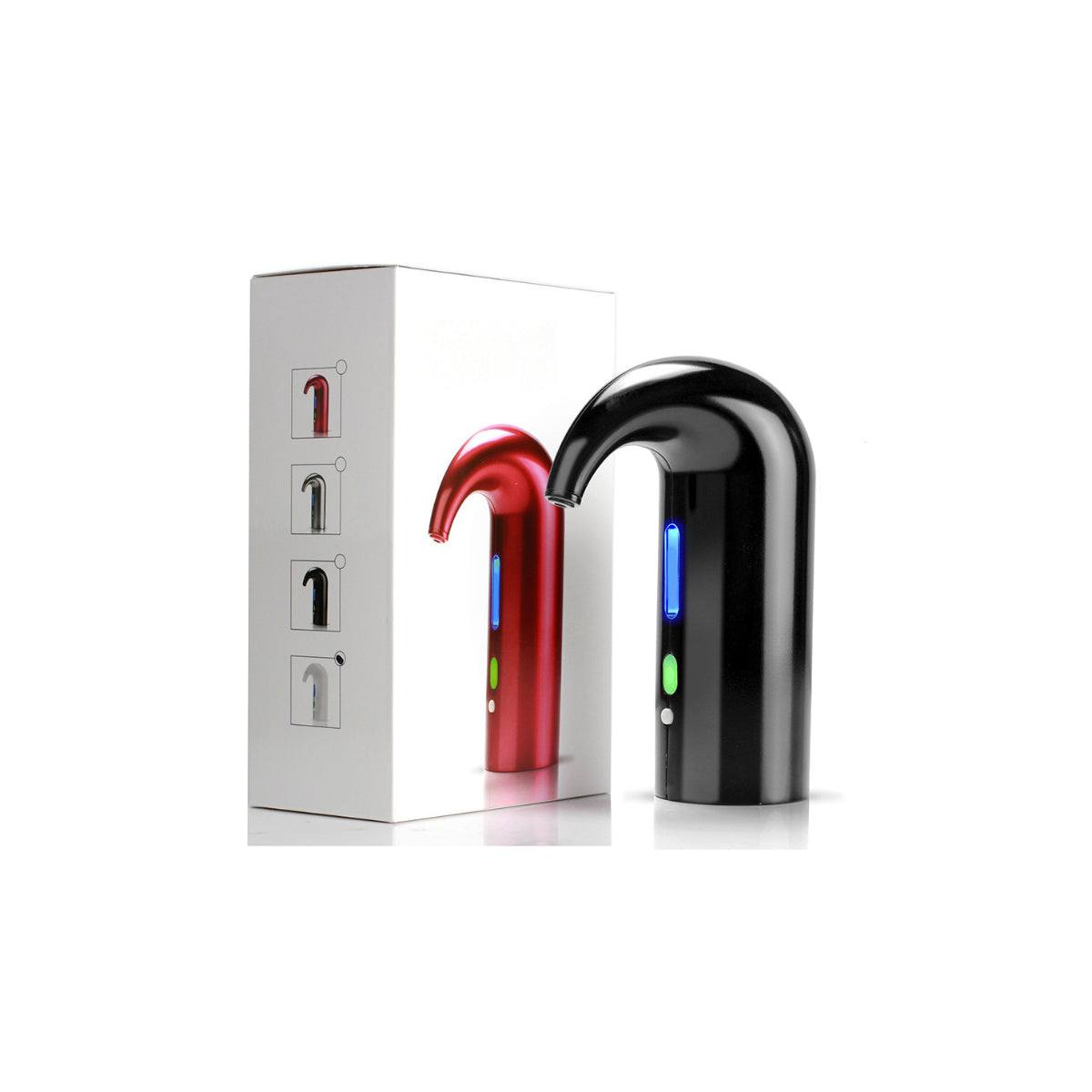 Wine On Tap Wine Oxygenator for smoother taste in red and black designs with packaging box.