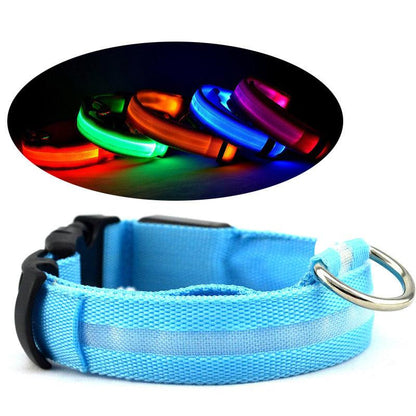 LED PET Safety Halo Style Collar in blue, featuring light-up safety for night walks with multiple sizes and colors.