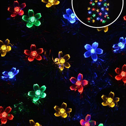 Cherry Blossom Solar LED String Lights on a string, perfect for outdoor decoration, all weatherproof.