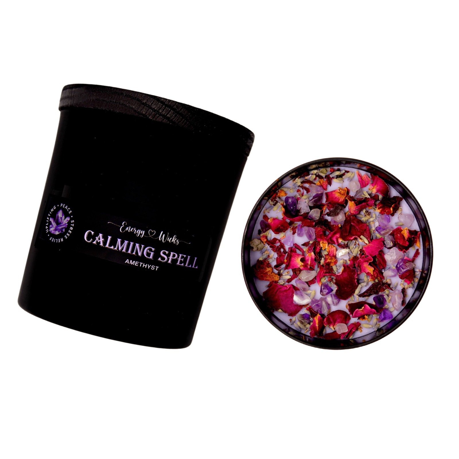 Calming Spell Candle with amethyst and floral decoration, black jar.