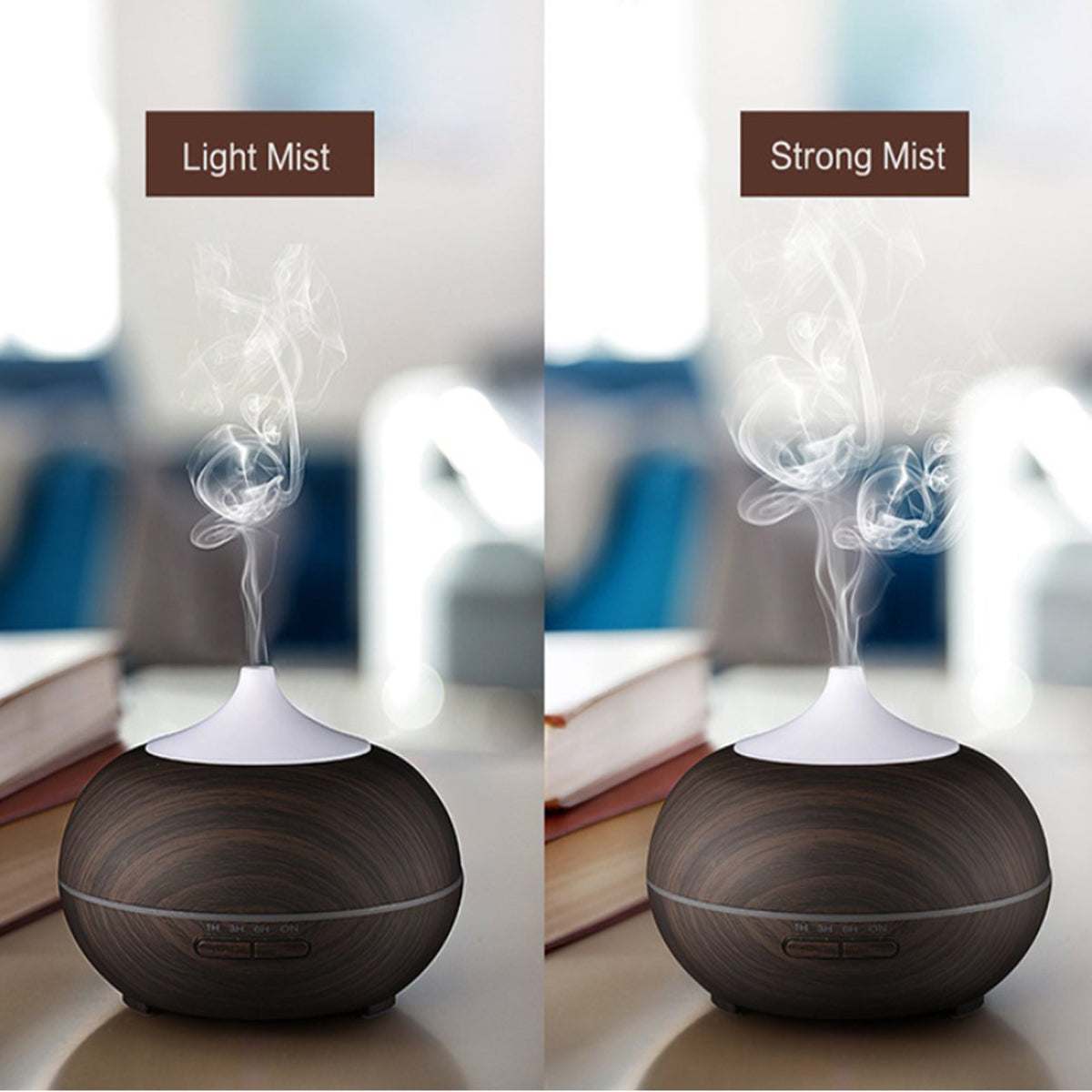 MISTysterious Humidifier Essential Oil, Natural Oak Design, dual mist modes, ultrasonic, LED glow, remote control, by VistaShops.