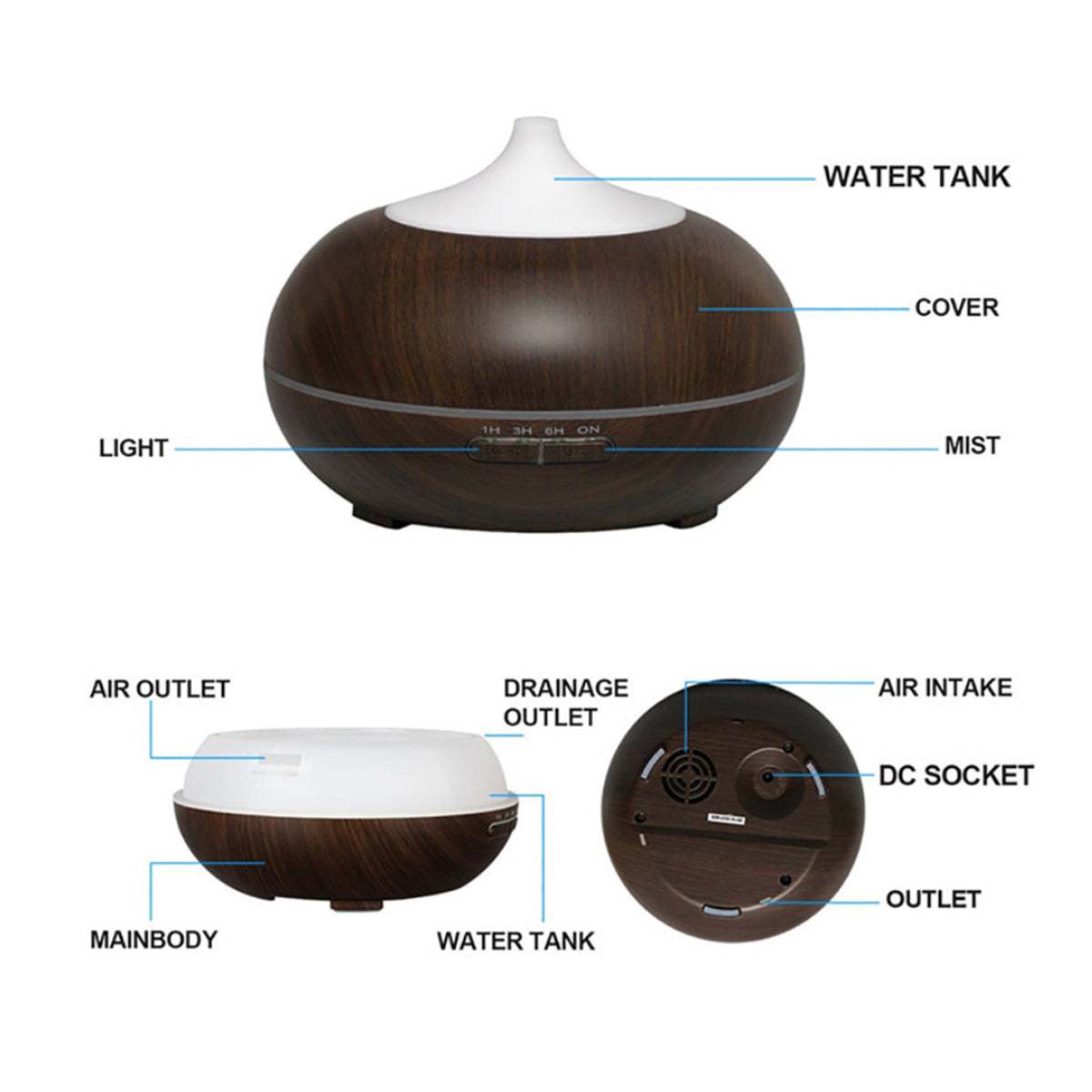 MISTysterious Humidifier Essential Oil in natural oak design with labeled parts.