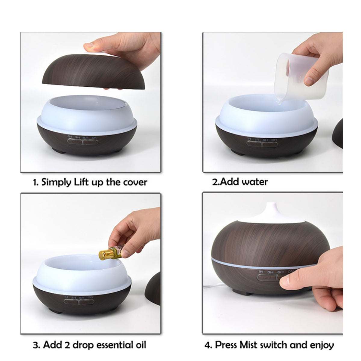 MISTysterious Humidifier Essential Oil Natural Oak Design with remote control; steps: lift cover, add water, add essential oil, press mist switch.