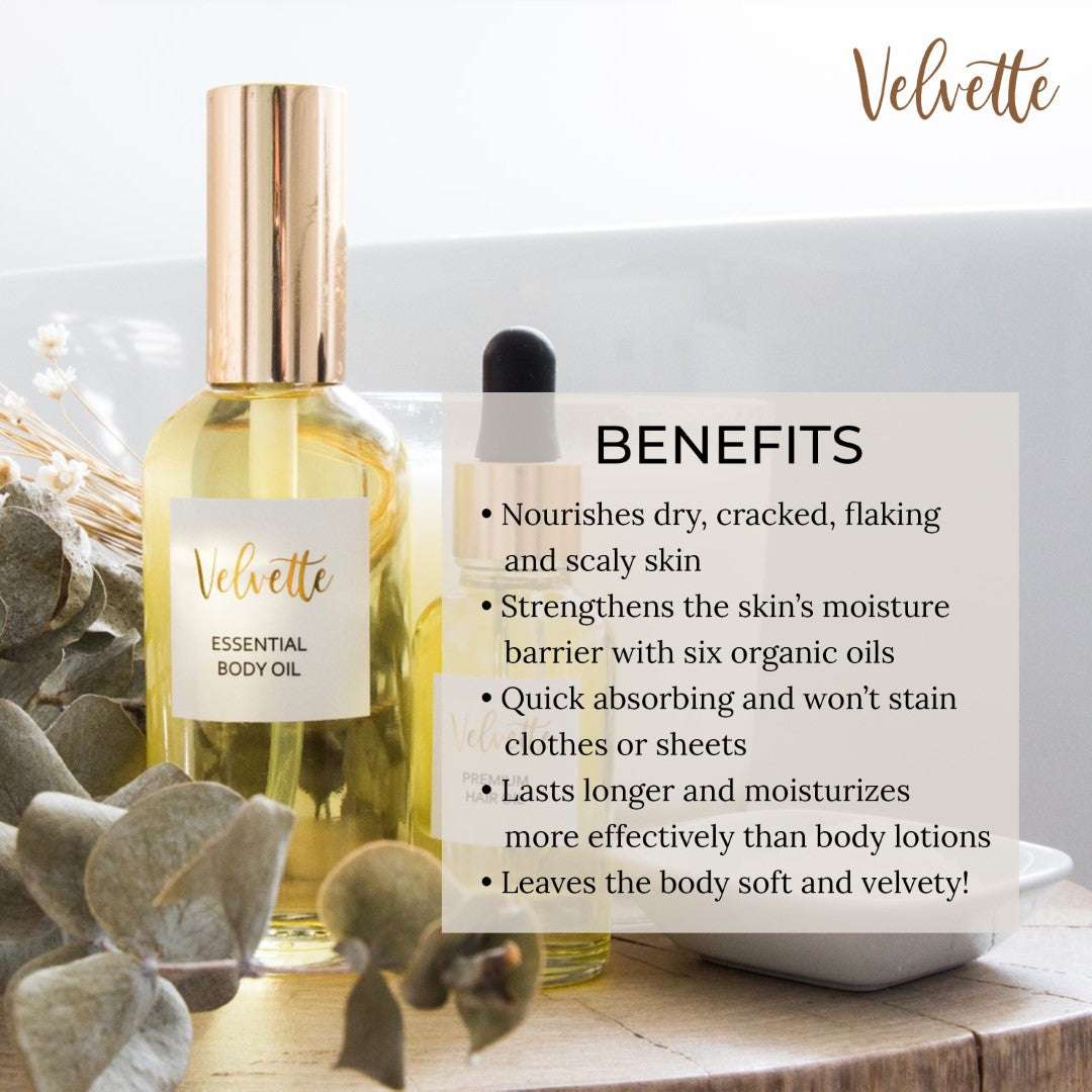 Velvette Essential Body Oil with organic jojoba and lemongrass, for soft, nourished skin.