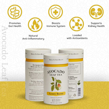 Avocado Leaf Tea Lemon Blend packaging highlighting health benefits and eco-friendly features.