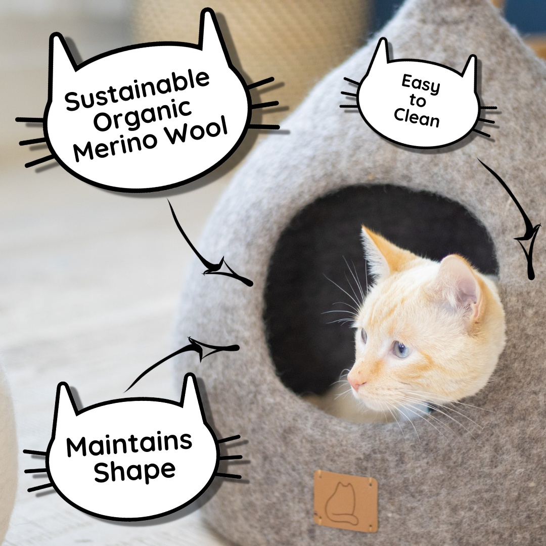 Eucalyptus Green Cat Cave in round style with merino wool, featuring a cozy interior and peekaboo design.