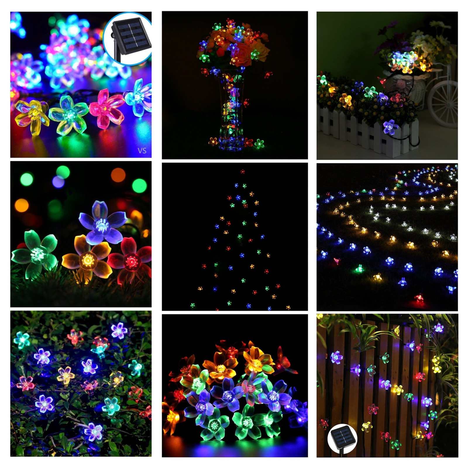 Cherry Blossom Solar LED String Lights, waterproof LED decorations in multicolored and warm tones for outdoor gardens by VistaShops.