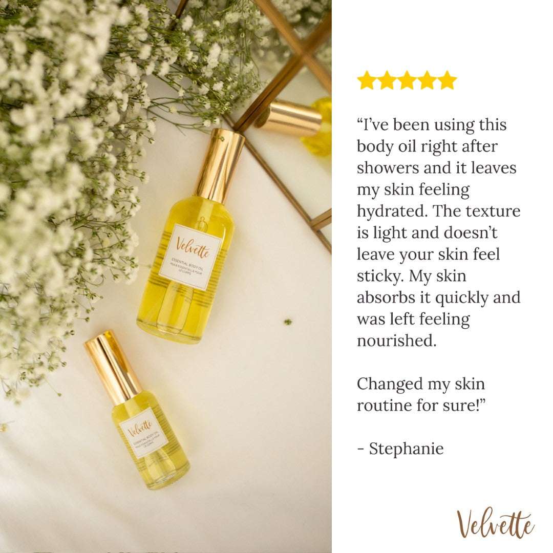 Essential Body Oil by Velvette with organic jojoba and lemongrass for daily hydration and nourishment.