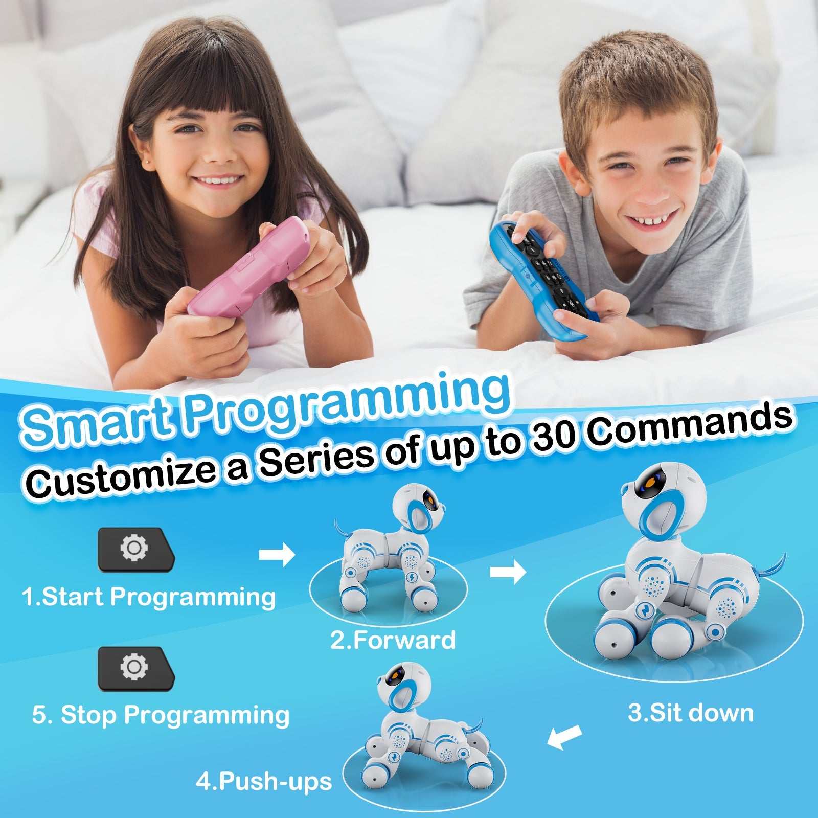 Contixo R3 Interactive Smart Robot Pet Dog Toy with remote control, features smart programming for kids, customizable commands up to 30.