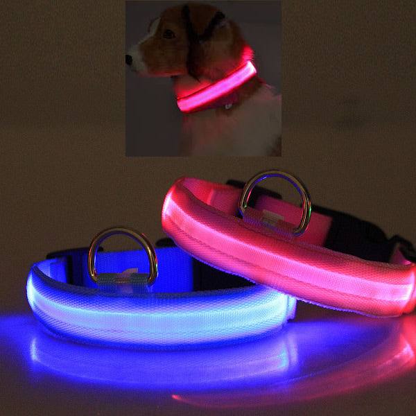 LED PET Safety Halo Style Collar in pink and blue, keeps pets visible at night. Available in various sizes and colors.