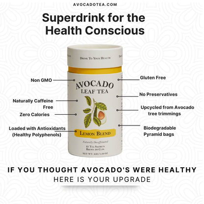 Avocado Leaf Tea Lemon Blend canister, eco-friendly, caffeine-free, with antioxidants, non-GMO, and biodegradable pyramid bags.