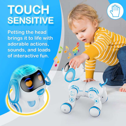 Contixo R3 Interactive Smart Robot Pet Dog Toy with Remote Control, touch-sensitive features, and child playing.