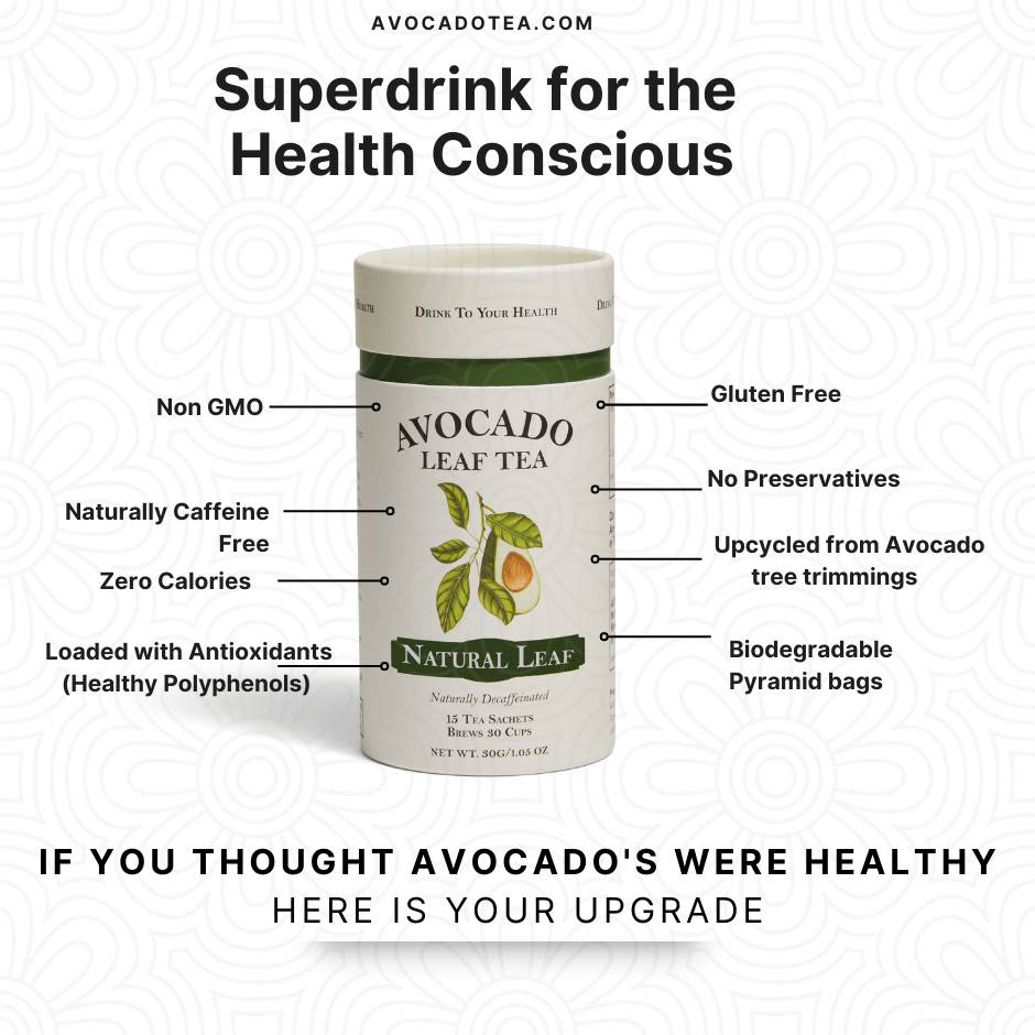 Avocado Leaf Tea Natural Leaf, caffeine-free, non-GMO, gluten-free, biodegradable packaging.