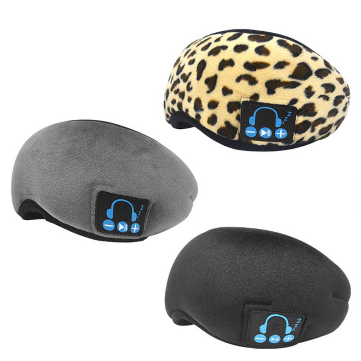 Bluetooth Sleep Mask with headphones in grey, black, and leopard print options; EZ Sleep Eye Blind Fold for music-enhanced rest.