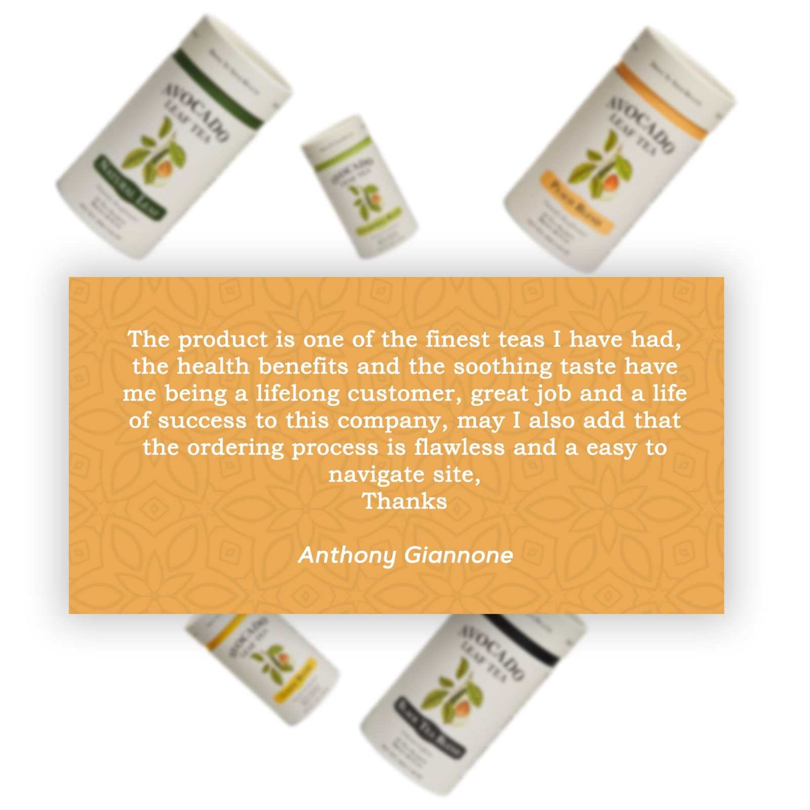 Avocado Leaf Tea Peach Blend container with customer testimonial card.