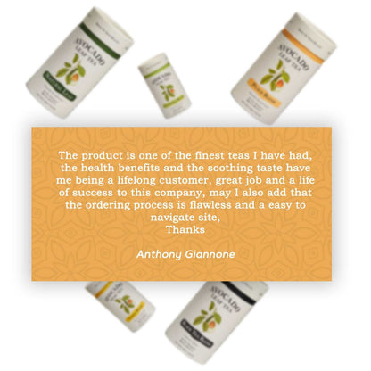 Avocado Leaf Tea Peach Blend container with customer testimonial card.