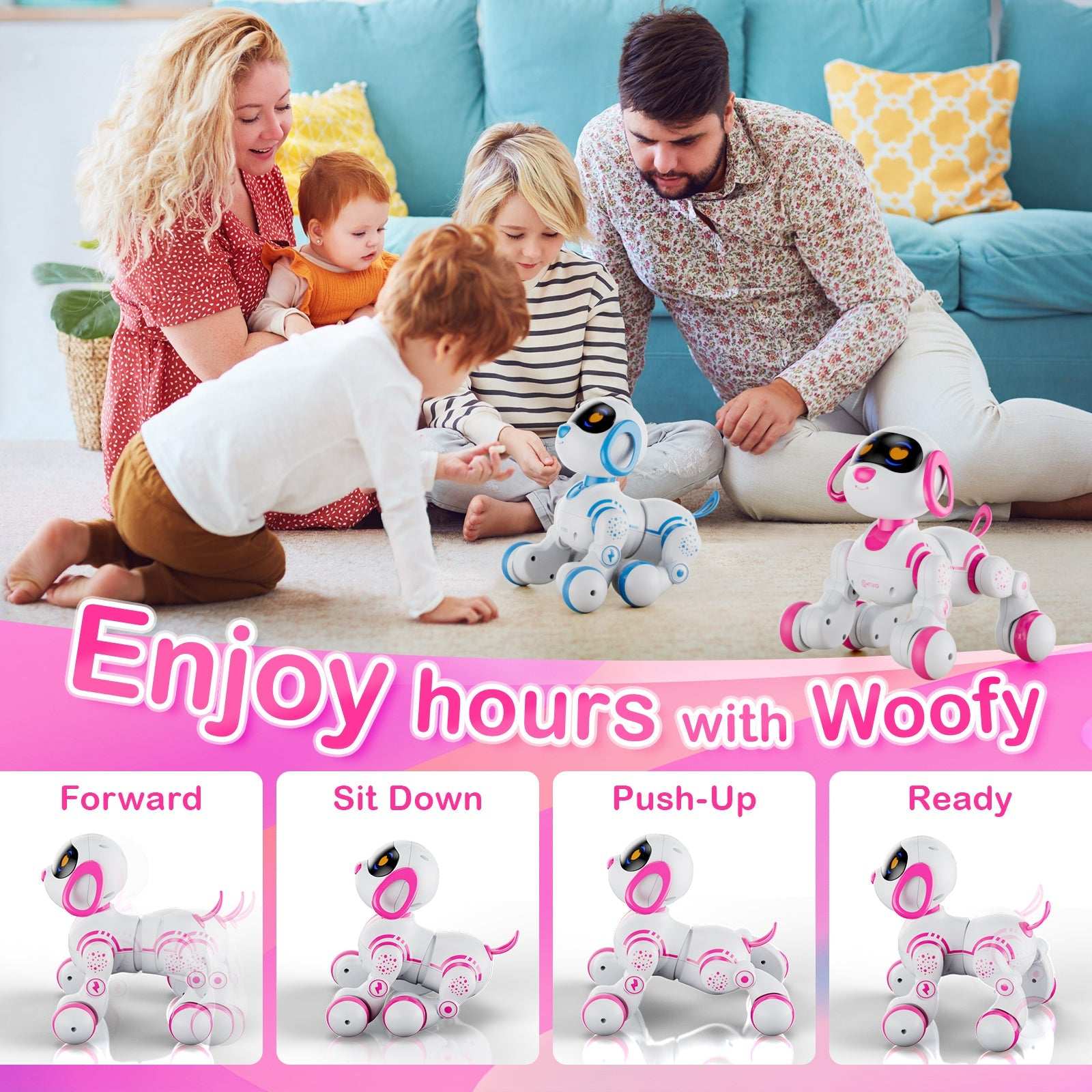 Family enjoying playtime with Contixo R3 Interactive Smart Robot Pet Dog Toy, featuring remote control and various tricks.