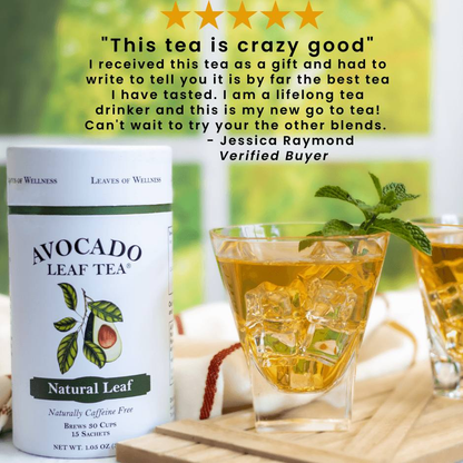 Avocado Leaf Tea Natural Leaf package with two glasses of iced tea, garnished with mint, on a wooden table.