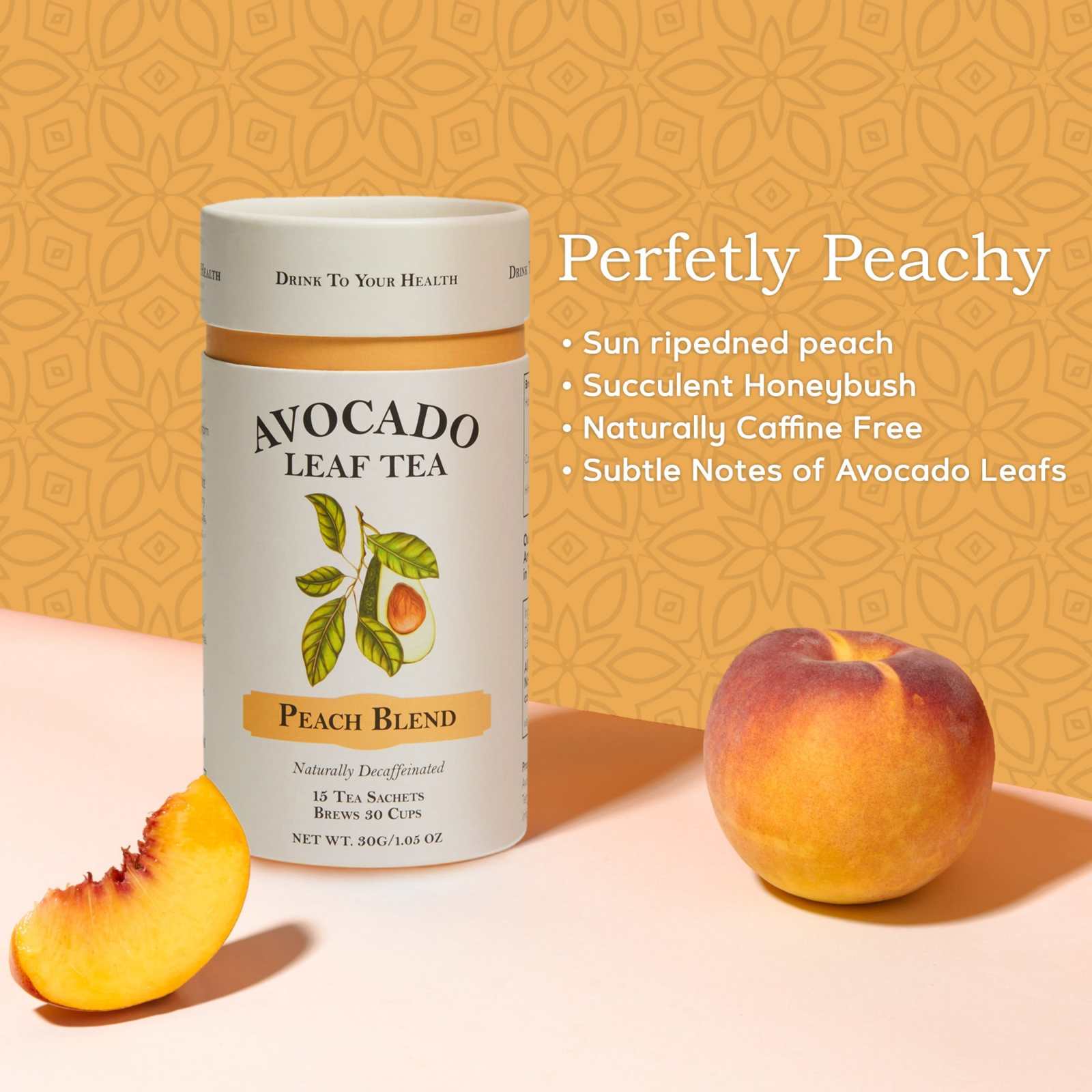 Avocado Leaf Tea Peach Blend with honeybush and sun-ripened peach in biodegradable sachets.