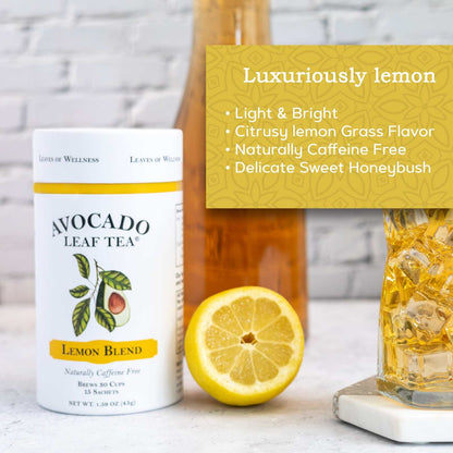 Avocado Leaf Tea Lemon Blend with bright lemon flavor and honeybush, caffeine-free, eco-friendly.