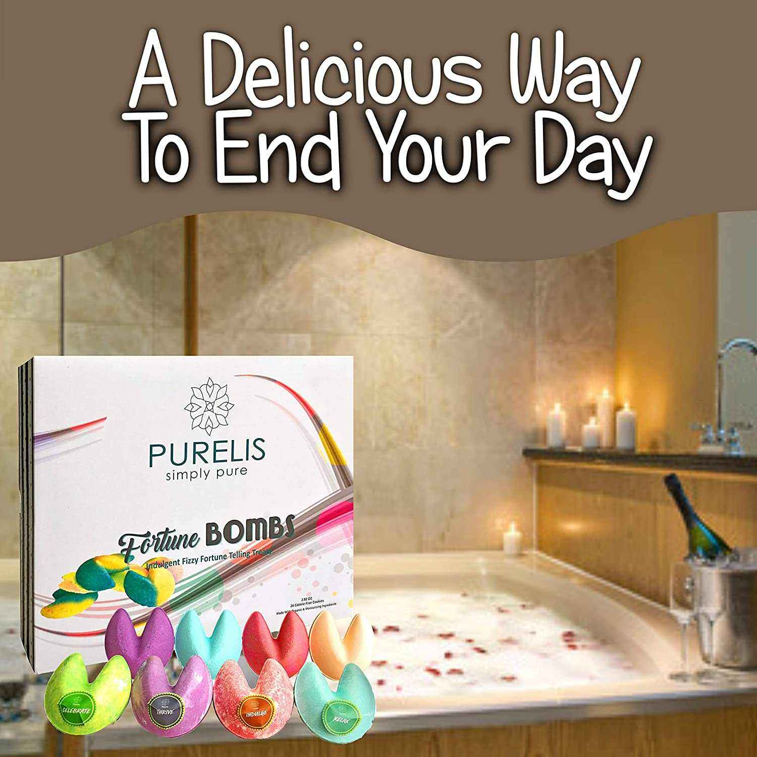 Reveal Your Fortune Spa Gift Set with 24 Fortune Cookie Bath Bombs in Relaxing Bath Setting