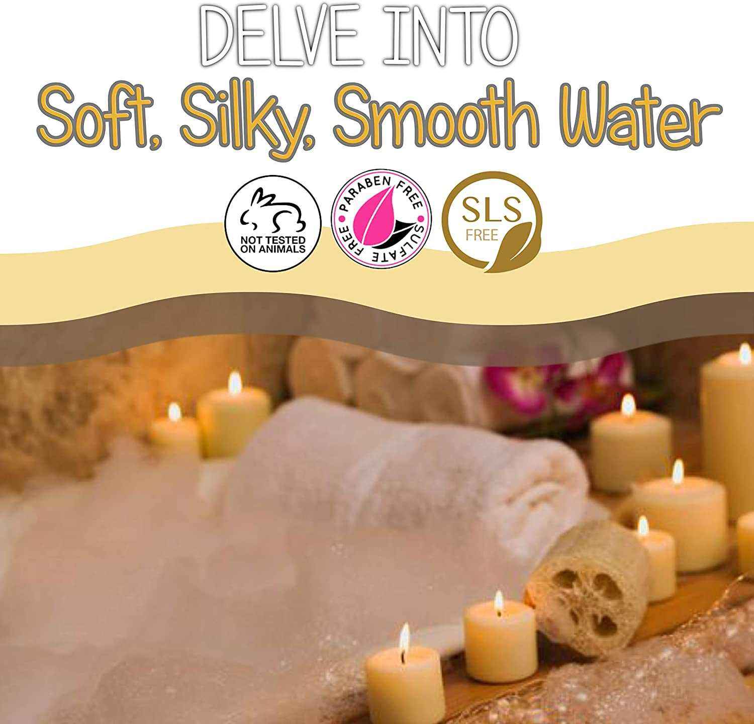 Spa setting with candles, towels, and bath accessories; promoting soft, silky, smooth water experience.