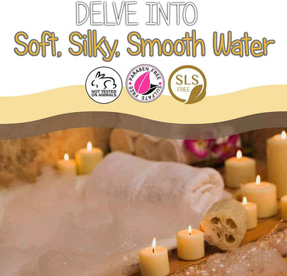 Spa setting with candles, towels, and bath accessories; promoting soft, silky, smooth water experience.