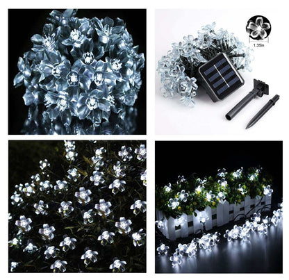 Cherry Blossom Solar LED String Lights All Weatherproof by VistaShops, featuring 20 LED firefly lights with solar panel, available in warm yellow, bright white, or multicolored options.