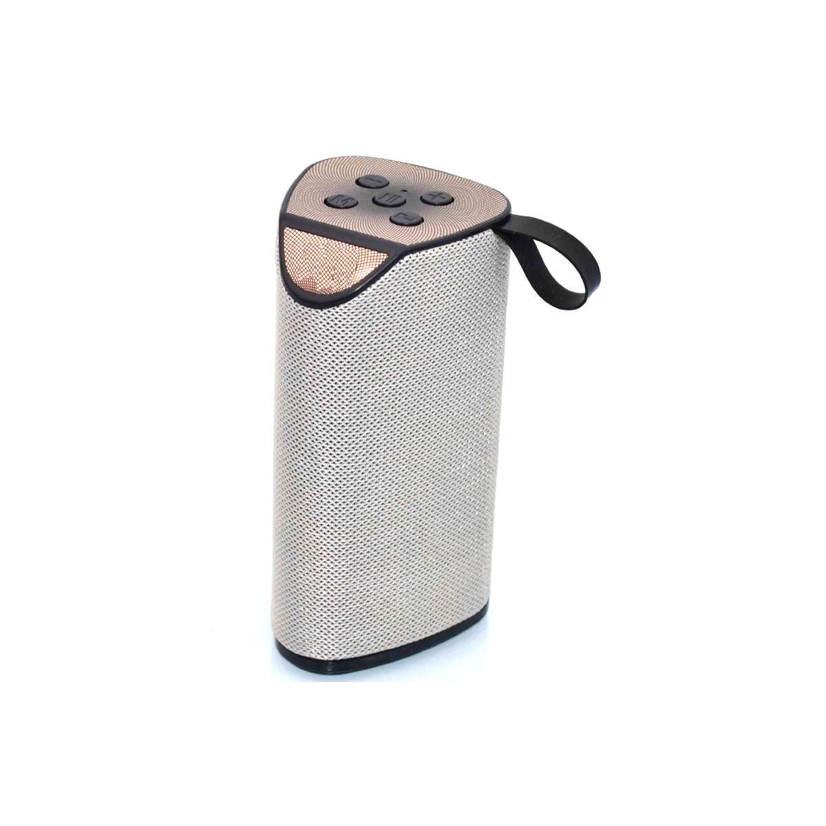 Portable Bass Booster Bluetooth Speaker with splashproof cover and carrying handle.