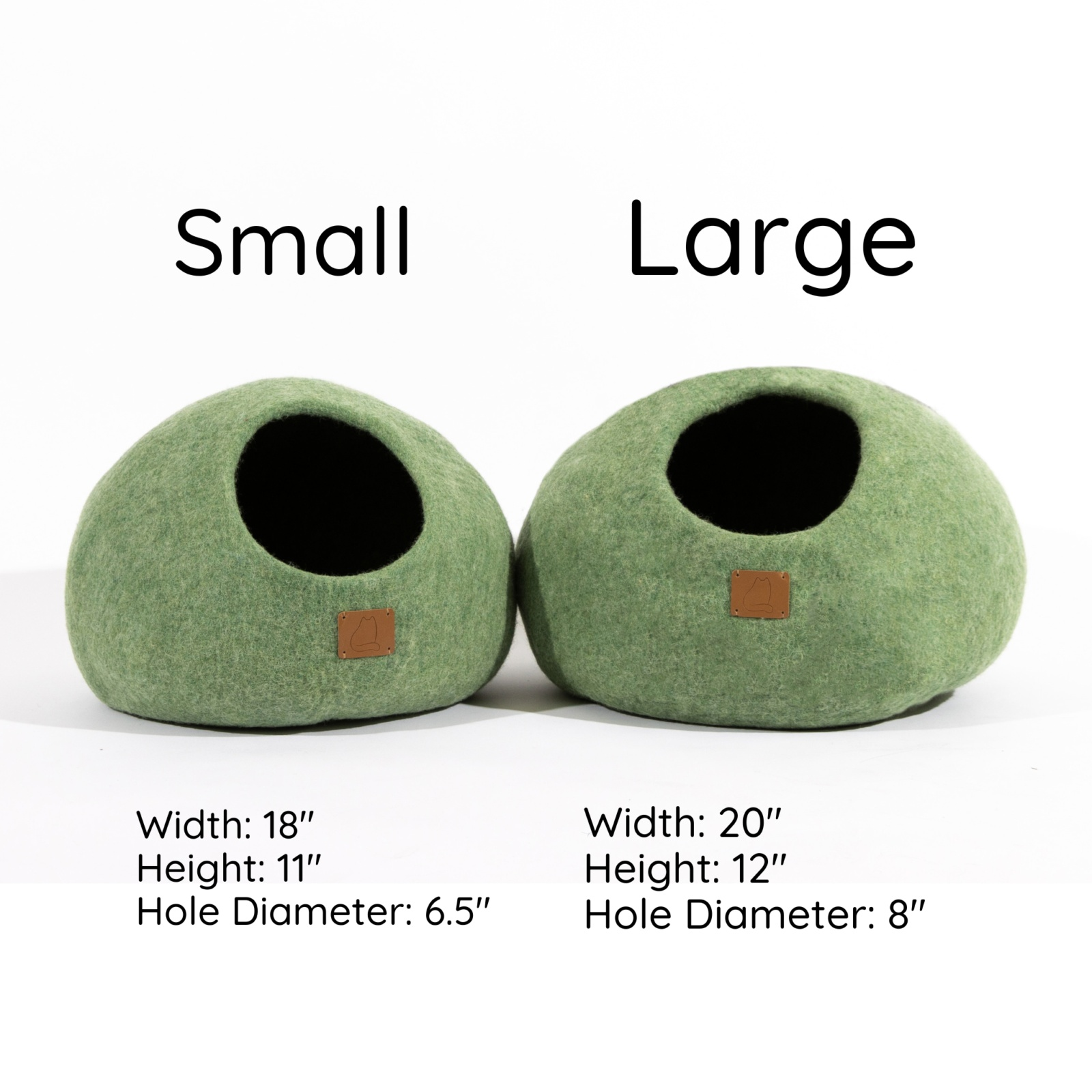 Eucalyptus Green Cat Cave in small and large sizes, made from merino wool.