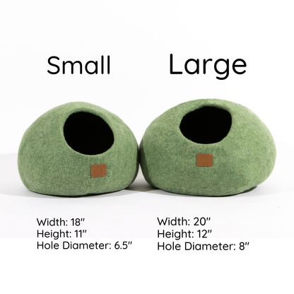 Eucalyptus Green Cat Cave in small and large sizes, made from merino wool.