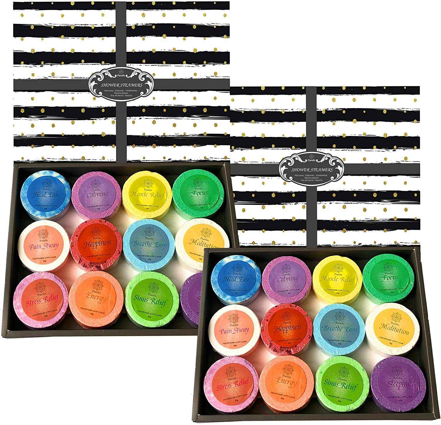 Natural and Organic Shower Bomb Set with 24 essential oil steamers, packaged in gift boxes.