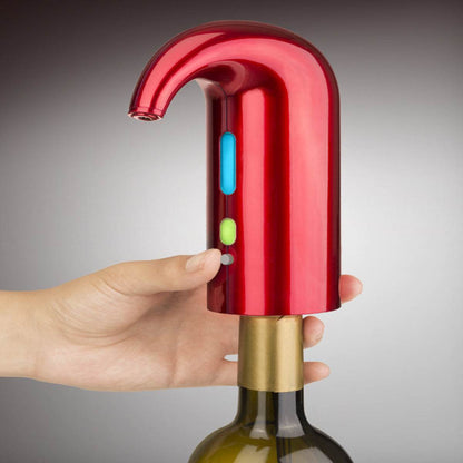 Wine On Tap Wine Oxygenator in use, shown attached to a wine bottle, designed for smoother taste and easy operation.